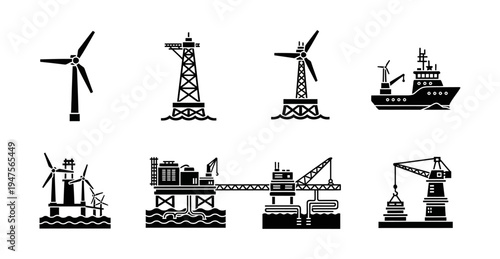 Set of offshore industrial icons including wind turbines, oil rigs, and cargo ships on white background