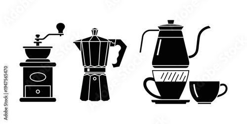 Collection of coffee making and serving equipment including a grinder, Moka pot, kettle, and cups for a perfect brew