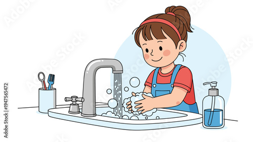 Young girl with a ponytail washes her hands with plenty of soap bubbles at a sink to maintain good hygiene and health.
