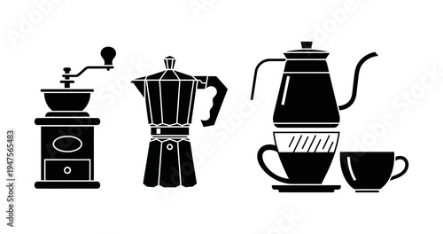 Conceptual icons for coffee brewing manual grinder, Moka pot, and pour-over set. Illustrates diverse methods for crafting beverages