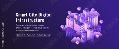 Isometric Smart City Technology Infrastructure and Connected Urban Network