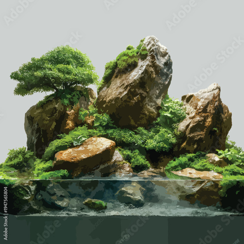 Moss Garden Aquascape with Natural Stones.