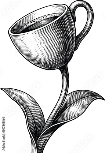 Coffee cup growing as flower bloom vintage engraving woodcut style art