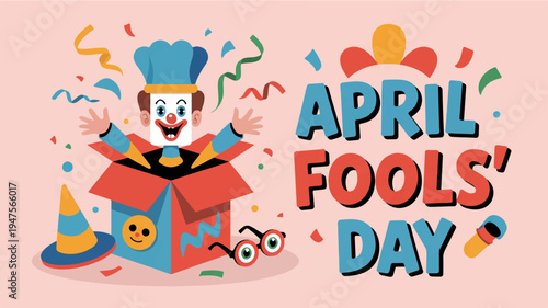Playful april fools' day clown surprise box celebration with confetti and party hats