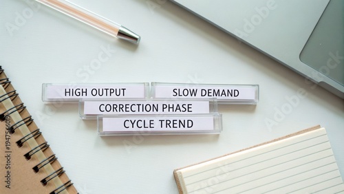 Label cards representing business terms on a workspace background with a notebook and laptop for analysis and planning