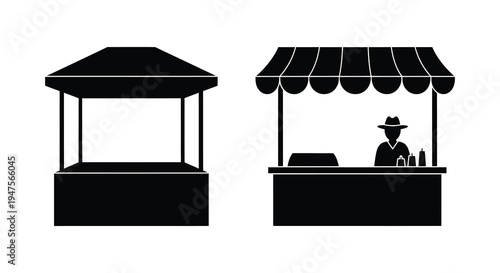 Two black market stalls are displayed one empty and one with a vendor in a stark silhouette