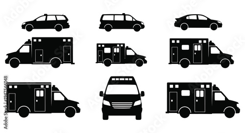 A collection of various emergency and civilian vehicles depicted in a stark black silhouette high quality