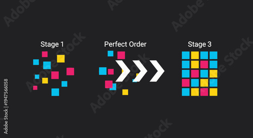 Business Process Optimization Infographic Showing Transition from Chaos to Perfect Order with Colorful Squares Representing Data Organization and Workflow Efficiency