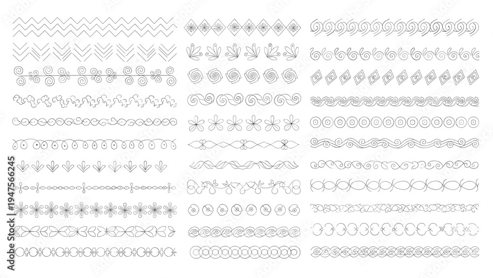 Fototapeta premium Variety of hand-drawn decorative border patterns and dividers in different artistic styles for use in cards books or web design.