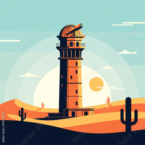 Desert landscape with tall tower.