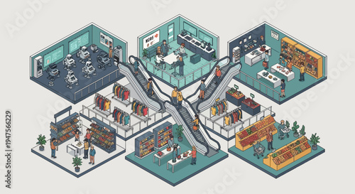 Isometric Illustration of a Modern Multi-Level Shopping Mall and Commercial Complex with Grocery, Electronics, Clothing Stores and People on Escalators