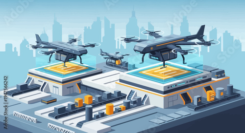 Drones on a rooftop landing pad.