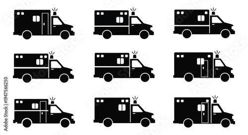 A collection of nine black ambulance icons displayed in varying perspectives a silhouette high quality professional