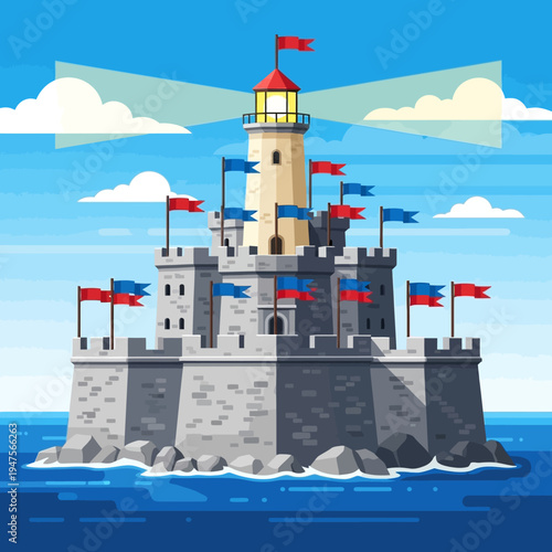 Illustration of a castle lighthouse tower.