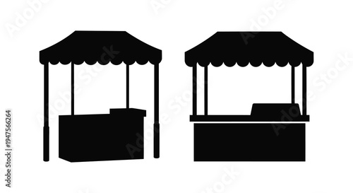 Two black market stall silhouettes are displayed against a white background offering a simple design silhouette
