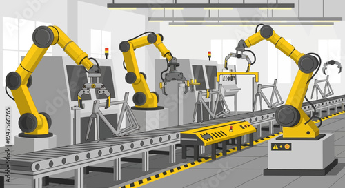 Industrial robotic arms in factory setting.