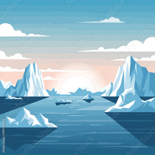 Icebergs floating in the ocean water.