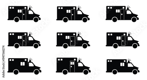 A repeating pattern displays black ambulance silhouettes in a minimalist graphic style silhouette high quality professional