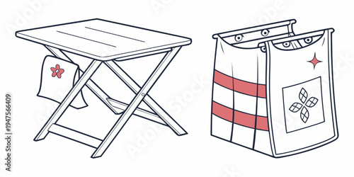 A folding table and a folding chair with red and white stripes