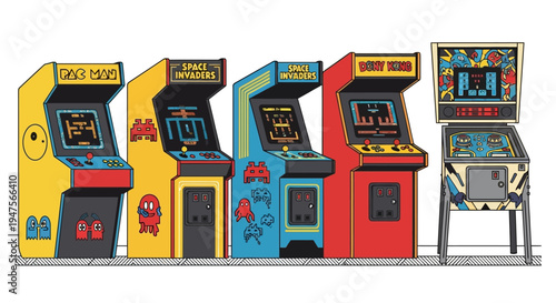 Retro arcade machines in colorful designs.