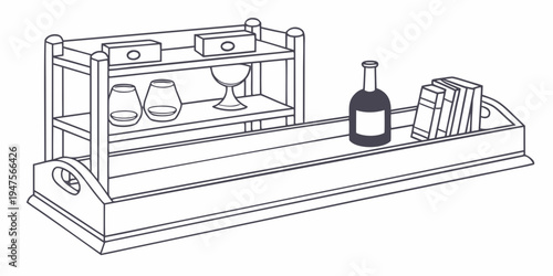 A vintage wooden bar cart with various glassware and a bottle of wine