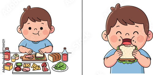 Cute cartoon boy making sandwich and eating homemade food at table, healthy lunch preparation concept, child cooking activity flat vector illustration