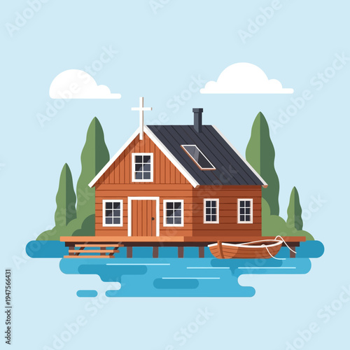 Small wooden house on the water.