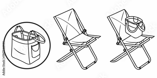 A collection of items including a trash can, a folding chair, and a cup on a table.