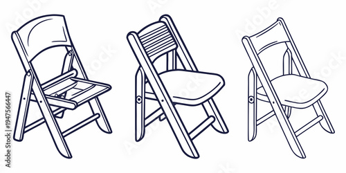 Three distinct styles of folding chairs displayed in a simple line drawing