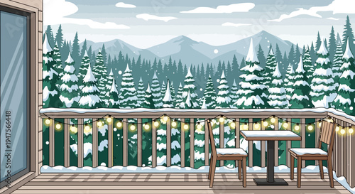 Snowy balcony with wooden furniture.