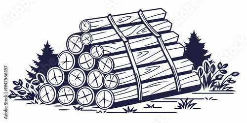 Stacked logs in a forest with trees and grass surrounding the wood pile.