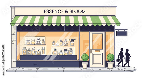 Storefront with striped awning and door.