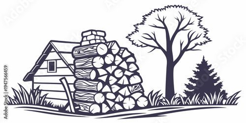 A charming stone house nestled among tall trees in a serene countryside landscape