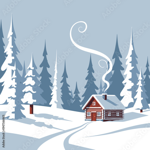 Snowy cabin in the woods scene.