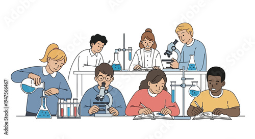 Students working in science laboratory setting.