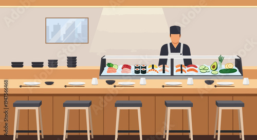 Sushi chef preparing food at counter.