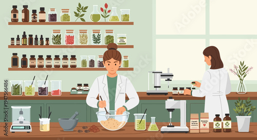 Two women in lab coats working.