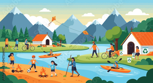 Vector Illustration of People Enjoying Eco-Friendly Outdoor Activities, Kayaking, Cycling, and Recycling in a Scenic Mountain Landscape