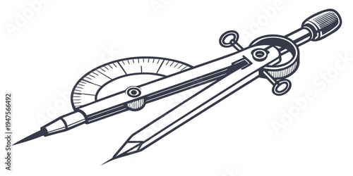A collection of drafting tools including a compass, protractor, and pencil