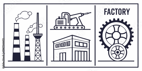 A detailed illustration of various factory structures and industrial equipment.