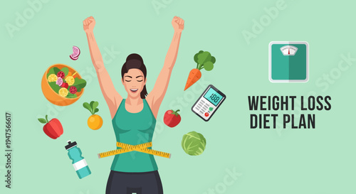 Happy Woman Celebrating Weight Loss Success with Healthy Diet Plan and Nutrition Icons Illustration