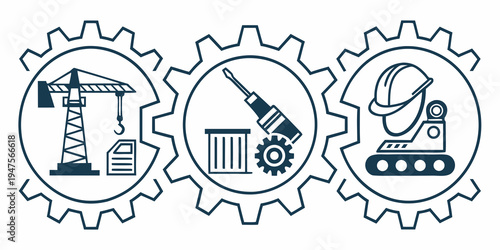 Three gears representing industrial equipment and construction machinery in a circular arrangement.