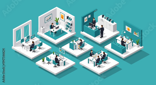 Isometric Vector Illustration of Modern Office Workspace Modules, Business Coworking Environment with People Working at Desks and Corporate Department Layout Design