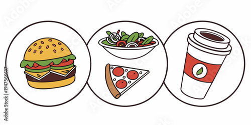 A visual representation of popular fast food items in circular icons.
