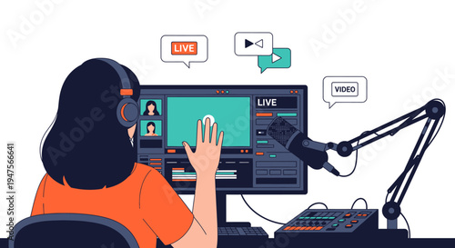 Young Woman Content Creator Live Streaming and Broadcasting from a Professional Studio Setup - Illustration