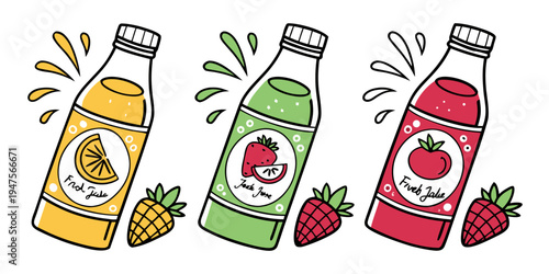 Assorted bottles of juice with fruits and vegetables illustration