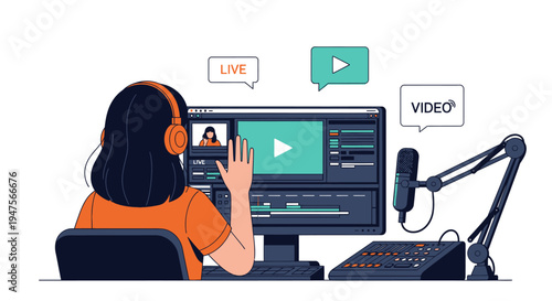 Female Content Creator Live Streaming and Video Editing at Home Studio Workspace Illustration