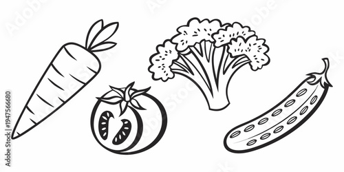 A delightful illustration of four distinct vegetables, including a carrot, tomato, broccoli, and cucumber.