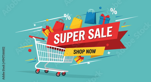 Super Sale Banner Design with Shopping Cart, Gift Boxes, and Shopping Bags on Teal Background - Vector Illustration