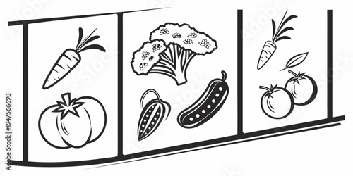 Assorted vegetables and fruits displayed in a market window setting.